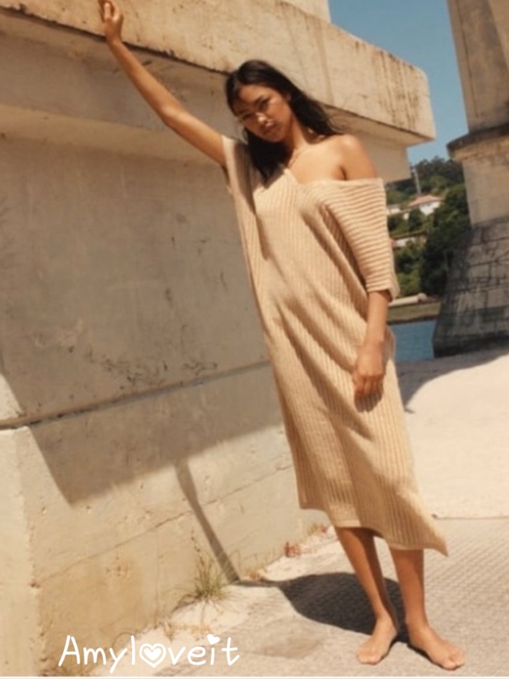 Zara Knit Midi Gold Metallic Thread Knit Kaftan Dress #93